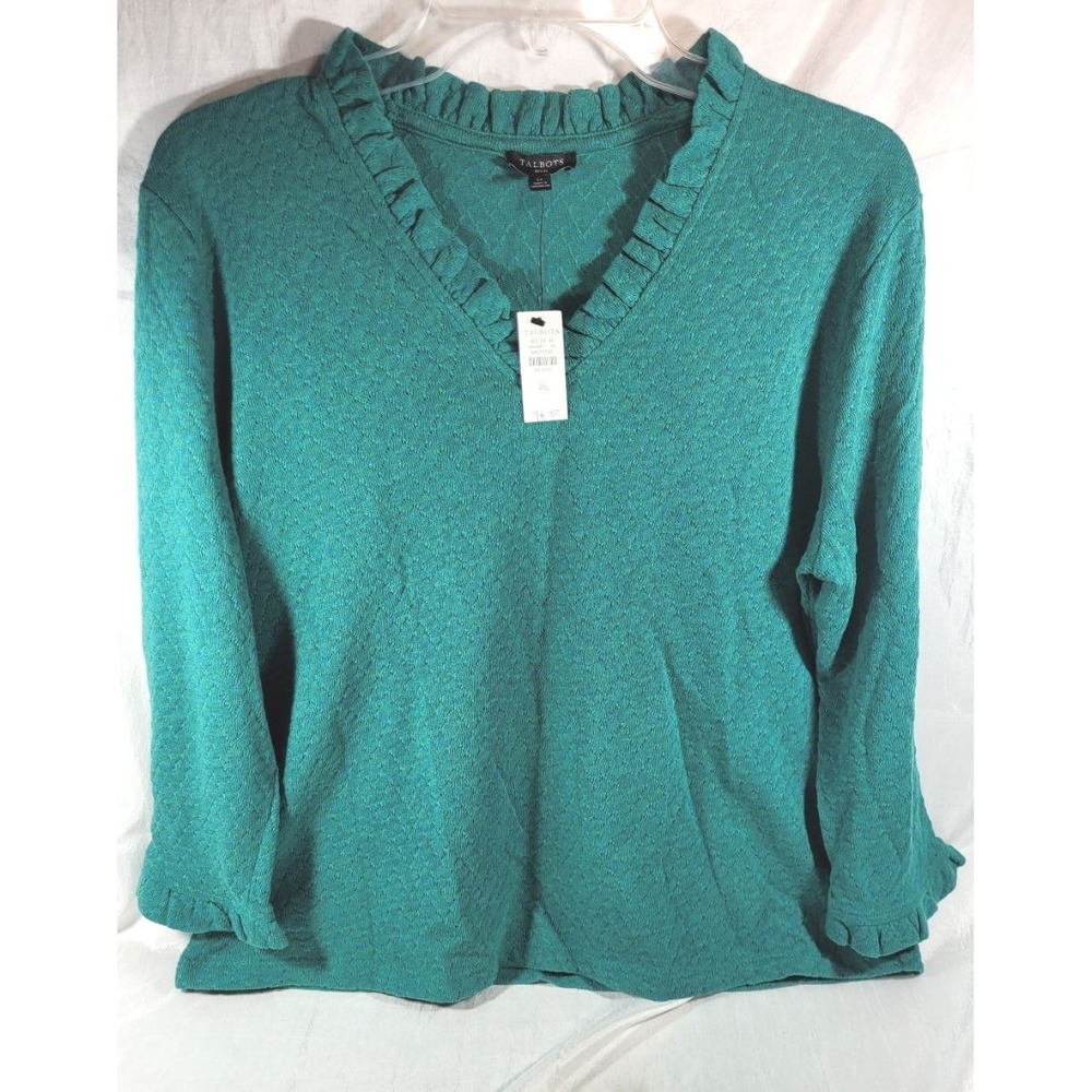 Talbots Women's Pointelle V-Neck 3/4 Sleeve Knit Pullover Top - Green - L Petite
